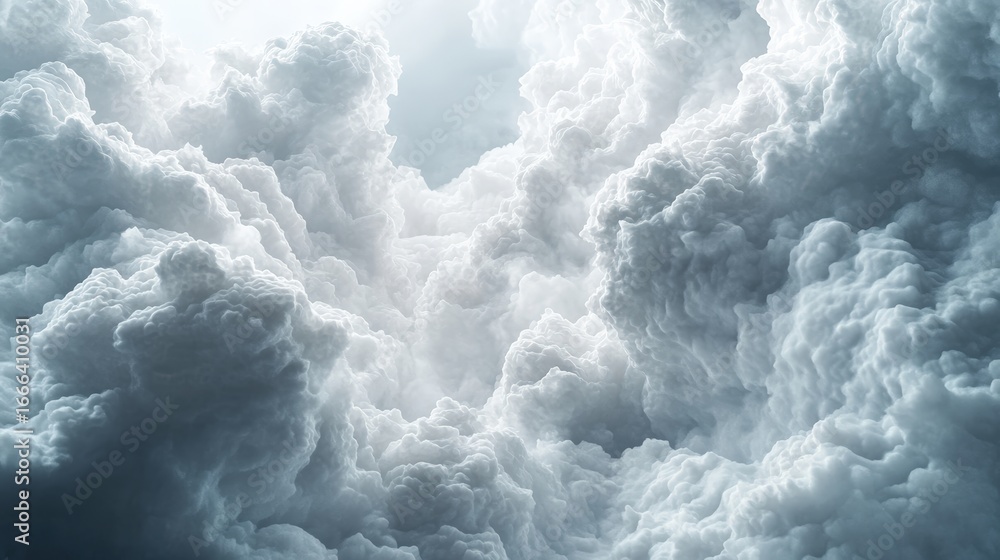 Poster a dramatic view of fluffy, textured clouds, illuminated by soft light, creating an ethereal and sere