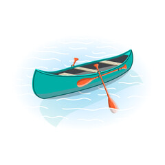 Green canoe vector with orange paddles on blue water. Extreme sports object illustration