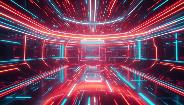 Futuristic digital tunnel illuminated with vibrant red and blue neon light trails, representing data flow, speed, and modern technology. Ideal for business, tech, or gaming concepts.