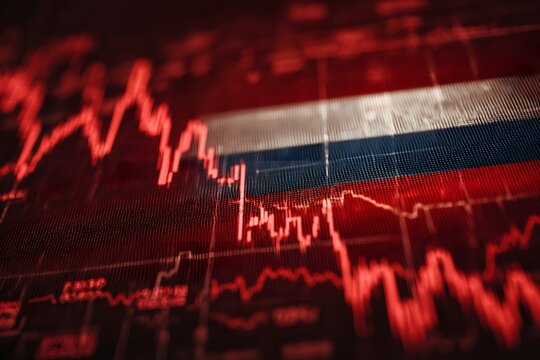 A red stock market graph with the russian flag in front of it, representing global economic trends and tech investors' financial news.