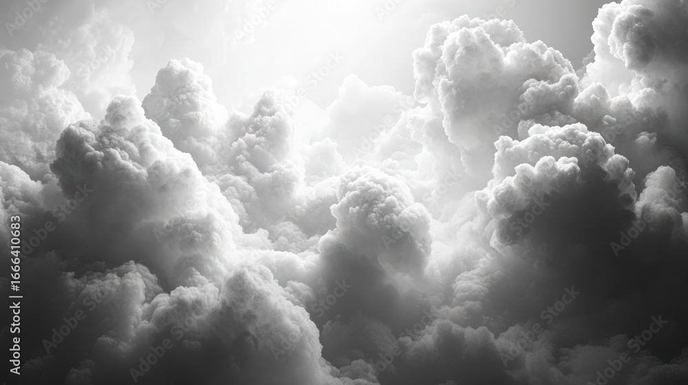 Poster a dramatic cloudscape featuring dense, textured clouds in shades of gray, creating a moody atmospher