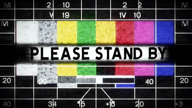 Retro TV Test Pattern with 'Please Stand By' Message and Analog Glitch Effect