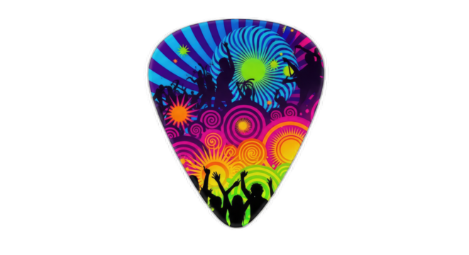 A guitar pick with a colorful psychedelic design featuring silhouettes of people dancing
