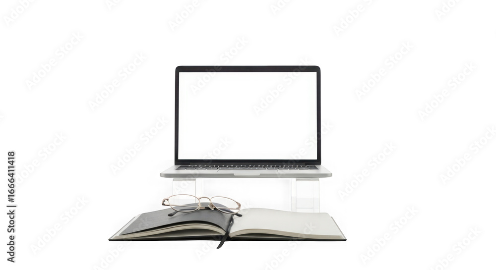 Poster Laptop on stand with books for reading and studying transparent background