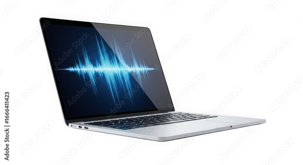 Poster modern laptop displaying vibrant sound waveform and digital interface transparent background