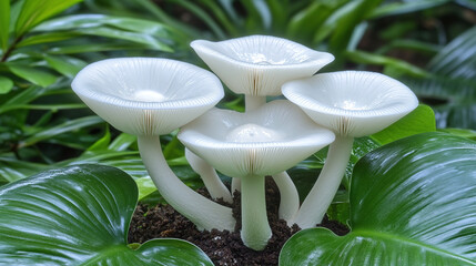 Stunning White Mushrooms in a Lush Garden Environment, Photography Perspective on Fungal Beauty