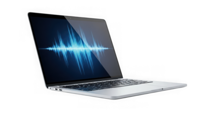 Modern laptop displaying vibrant sound waveform and digital interface transparent background