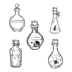Hand drawn engraving style set of potion bottles. Vintage medieval alchemy and poison flasks with liquid, bubbles, and spiders inside.