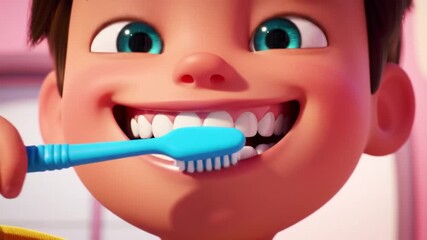 A close-up shot captures a young individual enthusiastically brushing their teeth with a vibrant blue toothbrush, promoting dental hygiene and healthy habits.