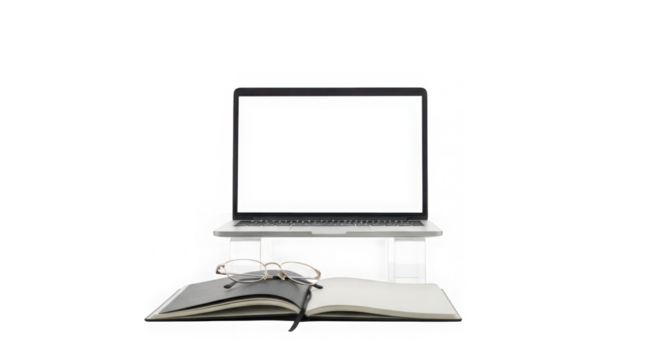 Laptop on stand with books for reading and studying transparent background
