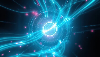 Abstract digital portal with glowing blue light trails representing data flow, network connection, or futuristic technology. Ideal for business, science, or graphic backgrounds.