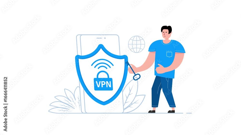 Poster man activating vpn service on smartphone with shield and global network