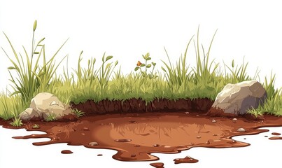 Cartoon-style illustration of a mud puddle on a white background, adding a playful element, Generative AI
