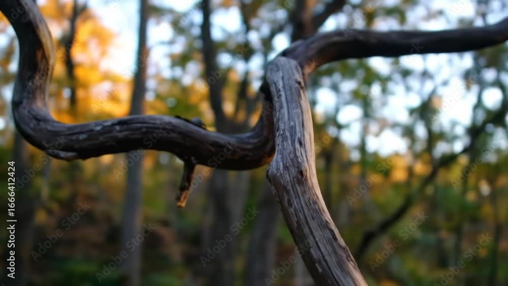 Poster close up of curving tree branch in a forest with autumnal golden hues in background with blurry effe
