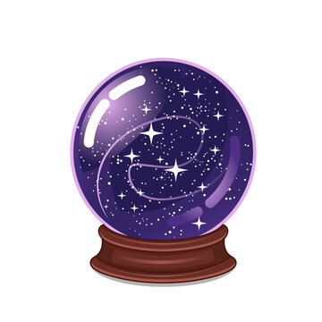 Crystal ball with purple lights and stars inside. Fantasy object vector illustration on transparent background. 