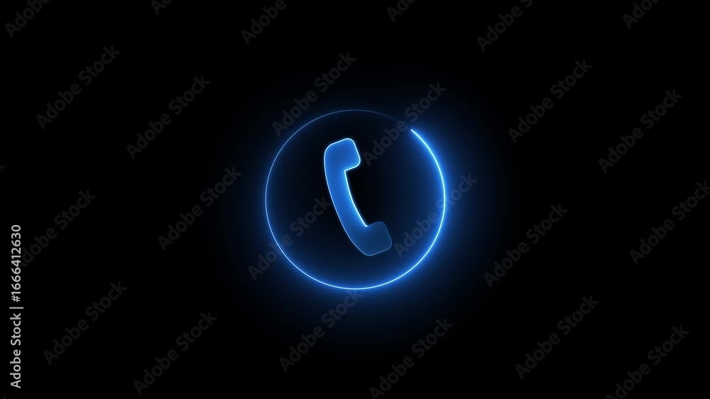 Poster glowing neon call icon animation.neon blue call icon concept with circle animation on black backgrou