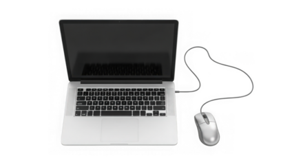 Modern laptop with wired mouse on a dark surface transparent background