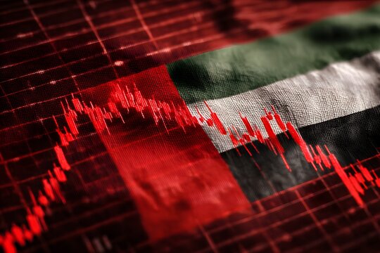 A red stock market graph with the UAE flag in front of it, representing global economic trends and tech investors' financial news. - Powered by Adobe