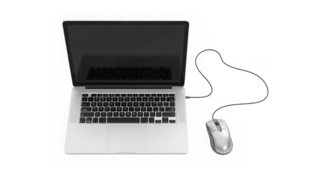 Modern laptop with wired mouse on a dark surface transparent background - Powered by Adobe