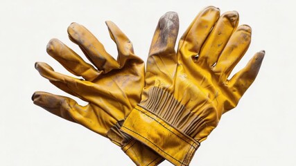 A pair of leather work gloves lying on a white surface, perfect for using in various workshops or as a prop in photography and film productions