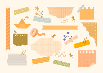 Collection of cute stationery elements with torn paper notes, washi tapes, push pins, paper clips, flowers, origami boat. Perfect for digital scrapbooking, journaling, planners, stickers, diy project