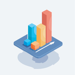 Isometric bar chart showing upward trend on blue platform representing business growth and success with positive and optimistic vibe.