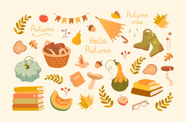 A cozy set of autumn elements. Books, pumpkin, basket, mushrooms, umbrella, boots, leaves. Great for stickers, cards, invitations, posters, prints, packaging