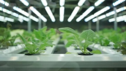 Rows of hydroponically grown plants thrive under artificial lighting, showcasing sustainable agriculture practices within an indoor environment, fostering efficient food production.