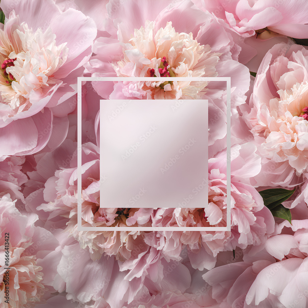 Poster light pink peony frame wrapping around a centered rectangle space
