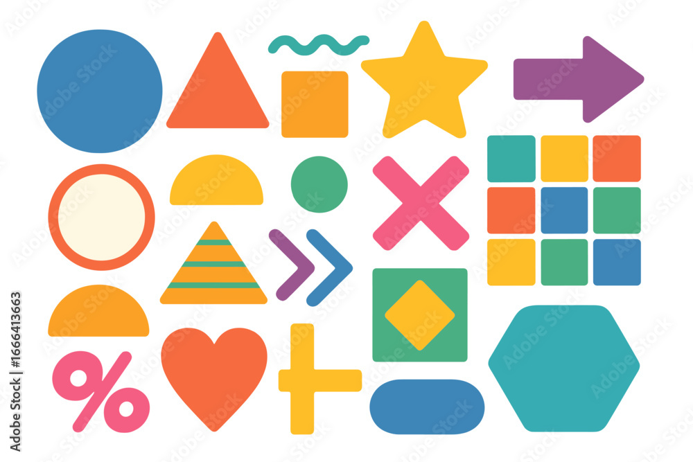 Poster set of colorful geometric shapes and abstract symbols. modern minimalist design elements for creativ