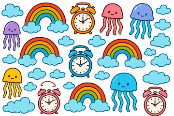Cute cartoon doodle set with kawaii jellyfish, rainbow, clouds, and alarm clocks. Hand drawn vector illustration collection for kids. Fantasy weather and sea animal icons.