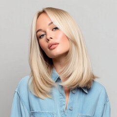 Blonde woman with straight medium length hair in denim shirt