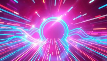 Dynamic abstract background with glowing neon lines leading to a futuristic portal. Ideal for technology, digital data, or energetic event concepts.