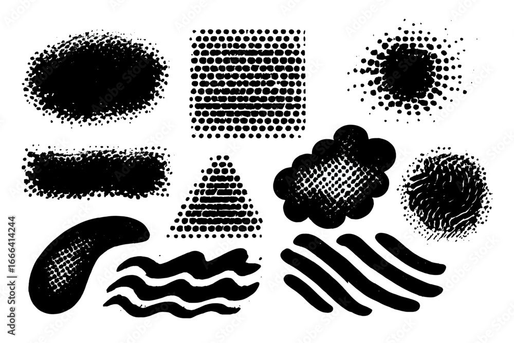 Poster monochrome abstract shapes collection. black grunge textures, halftone dot patterns, and geometric f