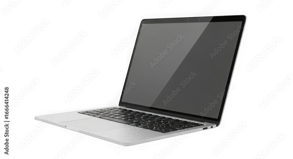 Poster modern silver laptop open showing blank screen and keyboard transparent background