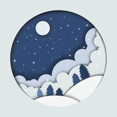 Naklejka premium Starry Night Sky with Moon and Cloud Paper Cut Illustration