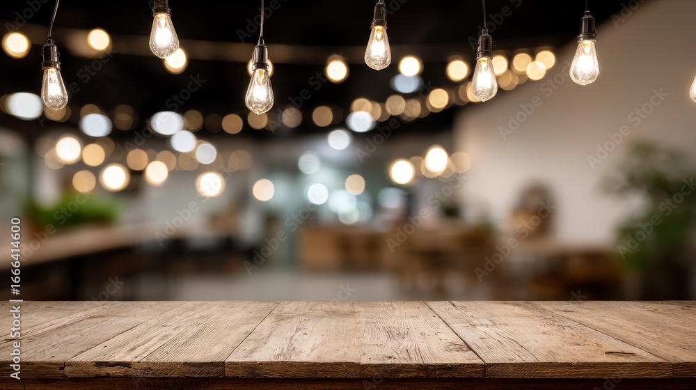 Poster topdown view of rustic reclaimed wood table with bistro string lights in cozy indoor setting, warmth