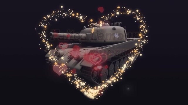 Texte en fran&ccedil;ais "Faites l'amour pas la guerre", message pacifiste lumineux dans un c&oelig;ur scintillant dor&eacute;, char d&rsquo;assaut en arri&egrave;re-plan, th&eacute;matique Journ&eacute;e internationale de la paix 21 septembre