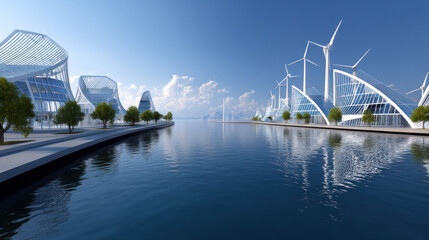 wind turbine farm, Solar panel and smart city in the background. renewable energy. sustainable and environmentally friendly.3D rendering