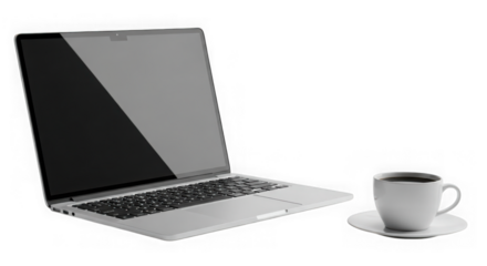 Modern laptop and coffee cup on dark surface for remote work transparent background