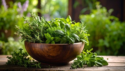Fresh Herbs in Wooden Bowl, Garden Setting.