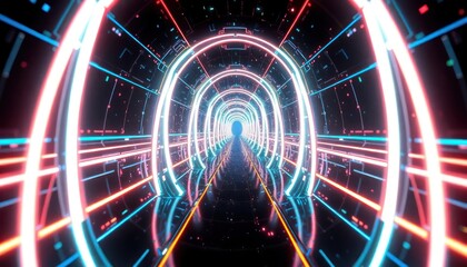 Vibrant neon tunnel with glowing rings and lines, symbolizing digital data flow, connectivity, and futuristic technology infrastructure.