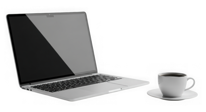 Modern laptop and coffee cup on dark surface for remote work transparent background