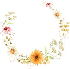 Watercolor Floral Wreath with Daisies and Sunflower