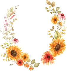 Obraz premium Watercolor Sunflower and Wildflower Wreath