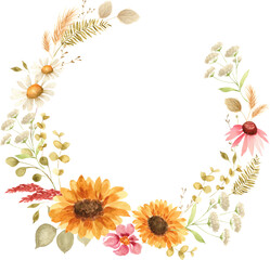 Watercolor Rustic Floral Wreath with Sunflowers