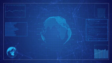 Digital rotating globe dynamic plexus grid, charts, codes, and data panels. for futuristic UI, tech analytics, global networks, digital intelligence, innovation systems, scientific visuals, HUD - Powered by Adobe