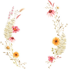 Watercolor Rustic Wreath with Sunflowers and Pink Flowers