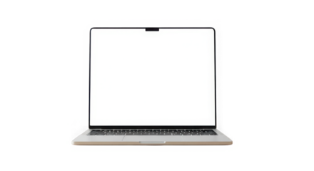 Modern laptop displaying bright white screen front view transparent background