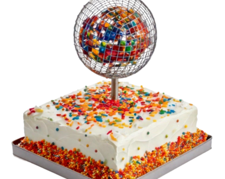 Decorated Sheet Cake with Disc Golf Basket Topper, Isolated on Transparent Background